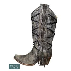 NEW Corral Brittney Fringe Braided Snip Toe Western Cowgirl Boots Grey Black 6